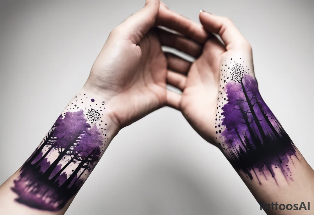 forest, abstract, on hand, no people, purple and black, full, whole wrist wrapped tattoo idea