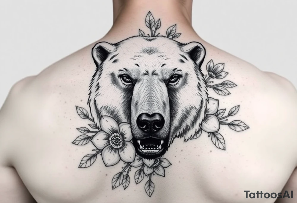 powerful majestic polar bear with flowers from Nunavut and representing pain, anger love and healing for front of neck tattoo idea