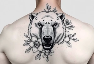 powerful majestic polar bear with flowers from Nunavut and representing pain, anger love and healing for front of neck tattoo idea