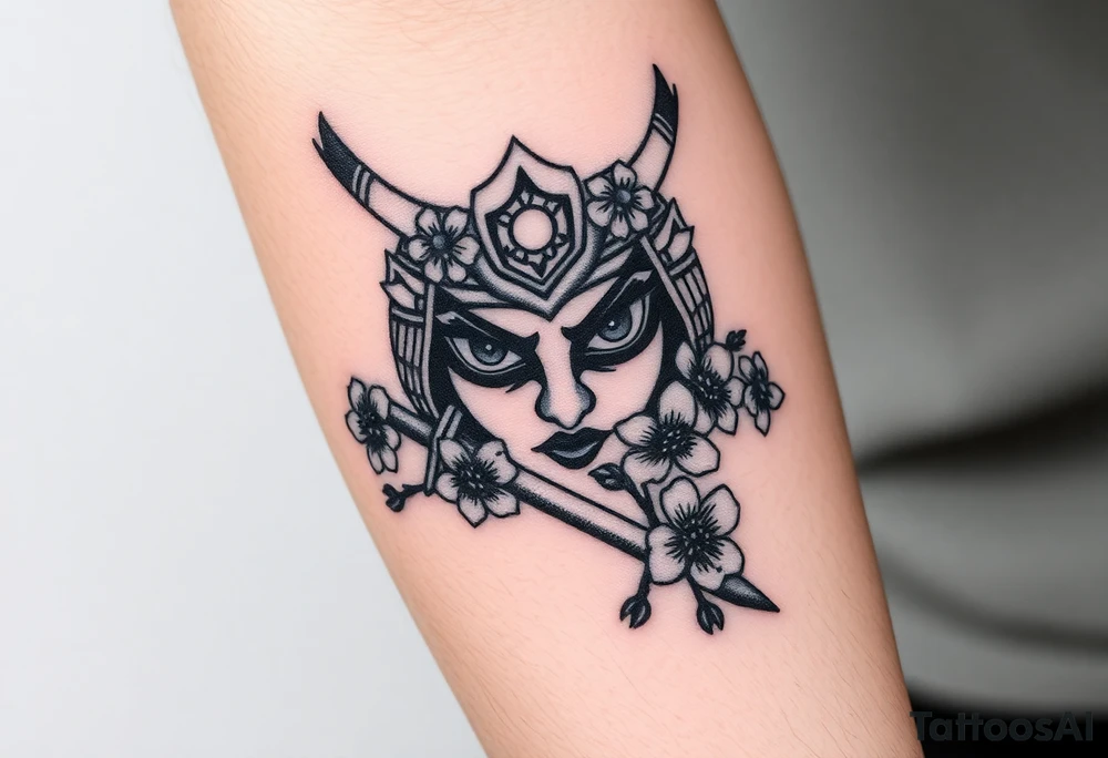 Samurai women eyes with sword cherry blossoms tattoo idea