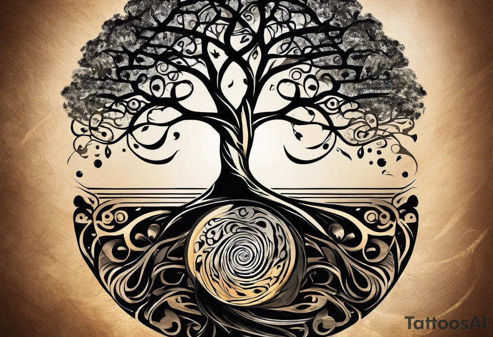 A tattoo design that incorporates the following elements: an abstract tree of life that has roots emerging  from the ground. Waves of water wrap around the tree in a non symmetrical design.  Incorporate musical notes into the tree. the letters U and A are overlapping and engraved into the tree. incorporate a golf ball or golf course symbols like a flag but not prominent. tattoo idea