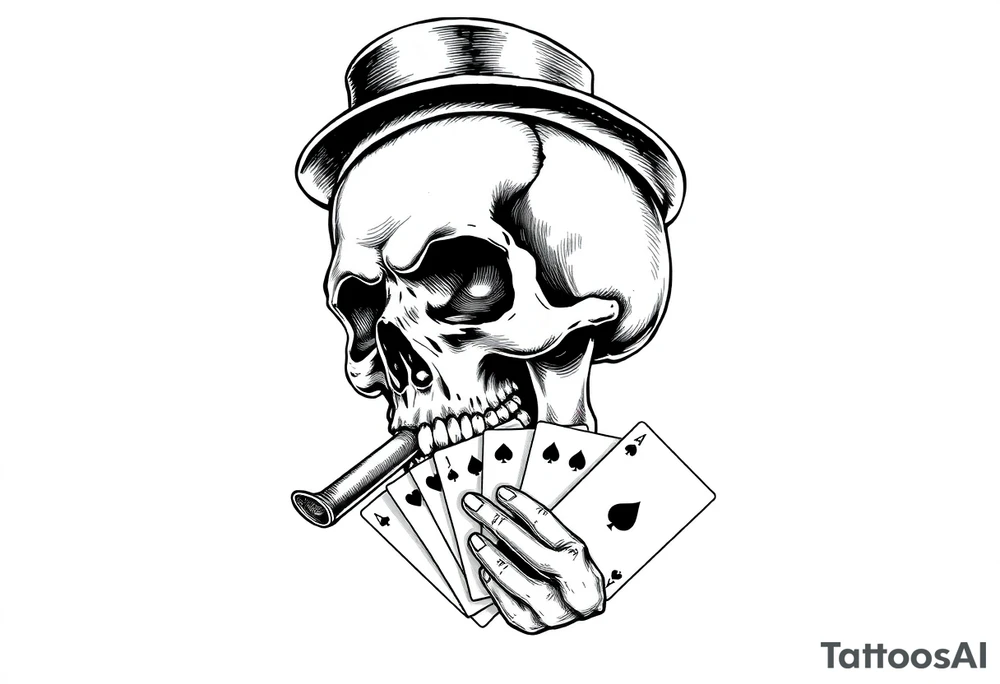 a skull with mustache,top-hat, cigar in his mouth and playing cards in a hand. tattoo idea