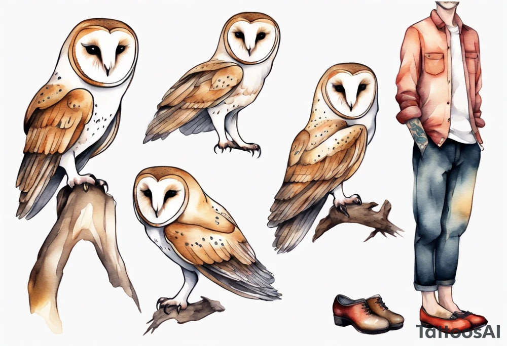 a barn owl with long legs, wearing pants and wooden shoes tattoo idea