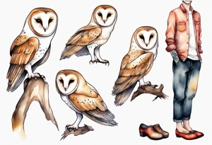 a barn owl with long legs, wearing pants and wooden shoes tattoo idea