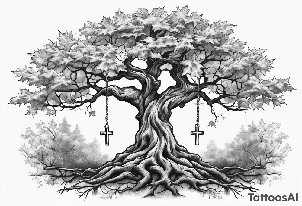 A maple tree with branches and a cross combined into the trunk. tattoo idea