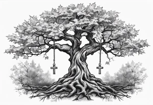 A maple tree with branches and a cross combined into the trunk. tattoo idea