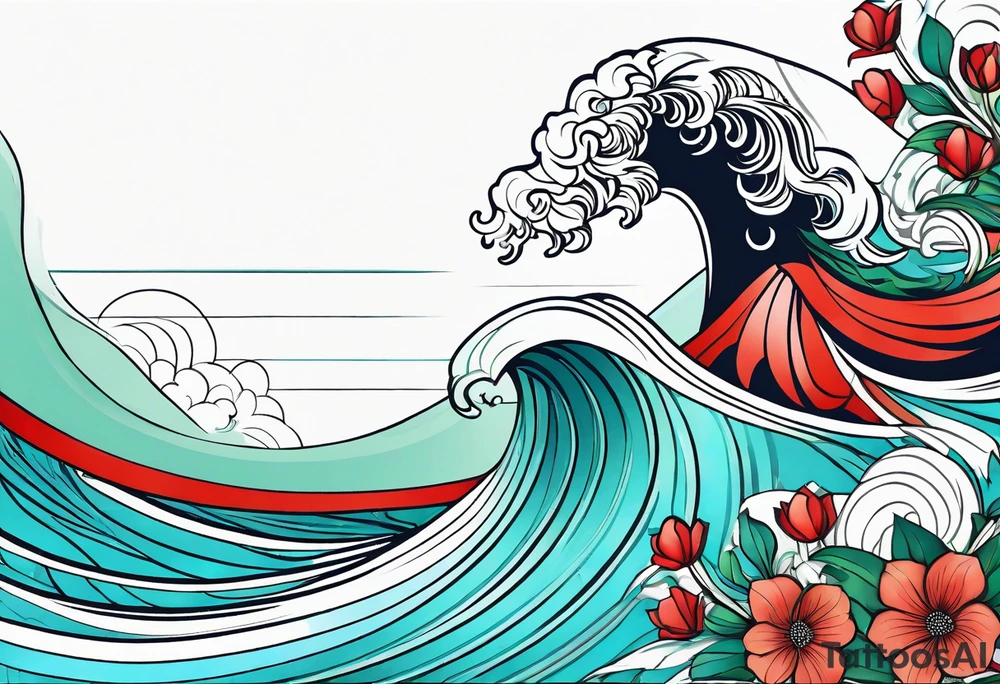 geometric style tattoo on knee with baby blue, red, and green accents. Floral/ocean themed. tattoo idea