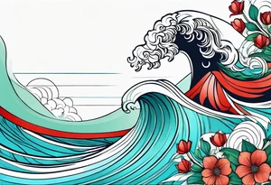 geometric style tattoo on knee with baby blue, red, and green accents. Floral/ocean themed. tattoo idea
