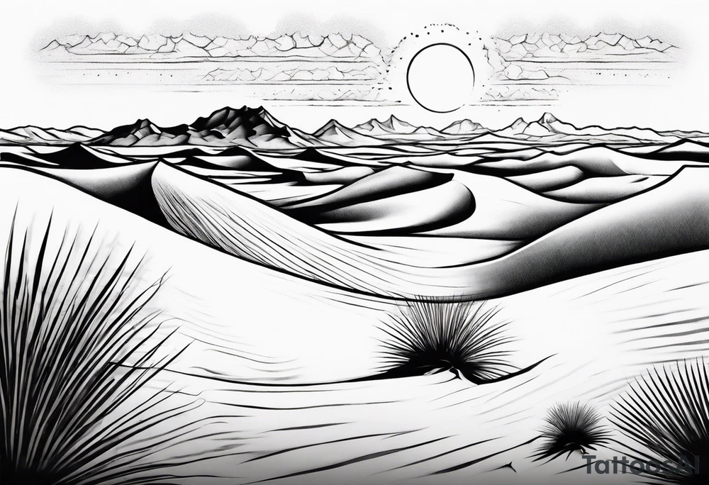 "Design a tattoo depicting a distant view of a vast desert landscape with low, undulating sand dunes. tattoo idea