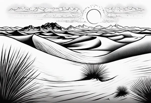 "Design a tattoo depicting a distant view of a vast desert landscape with low, undulating sand dunes. tattoo idea