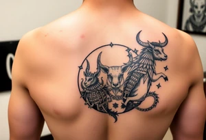 Japanese style tattoo consisting zodiac animals: rat, dog, goat, and ox all dressed up Samurai warrior style in a circular formation on the left of back tattoo idea