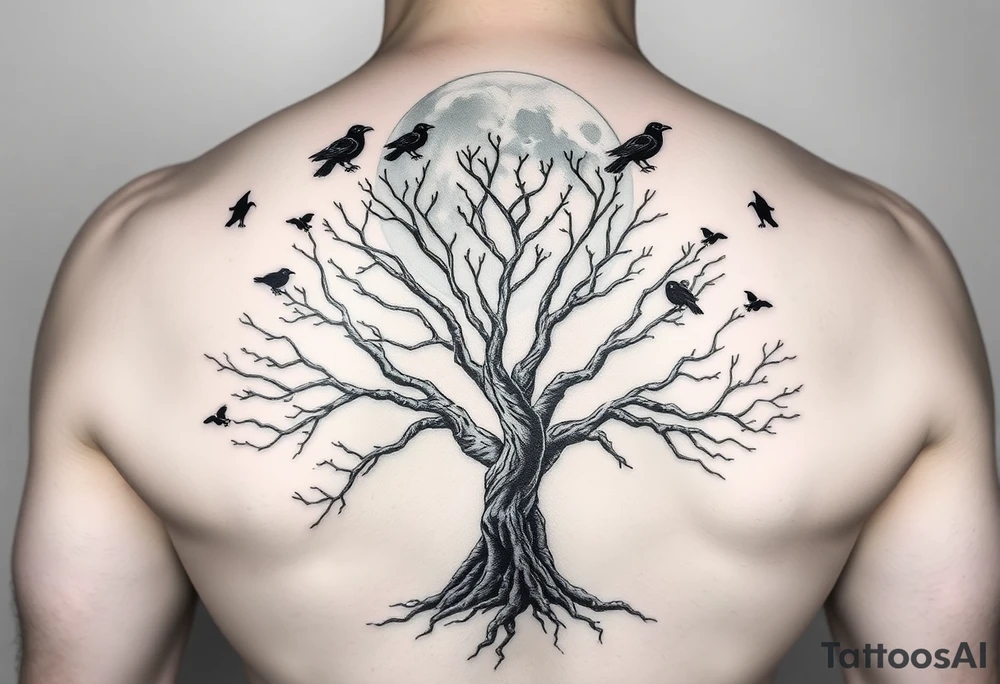 A very realistic, large tree of life that is bare with lots of crows above it a moon that’s large behind the whole thing and two Viking hatches that would go across my shoulder blades. This is a backpiece. tattoo idea