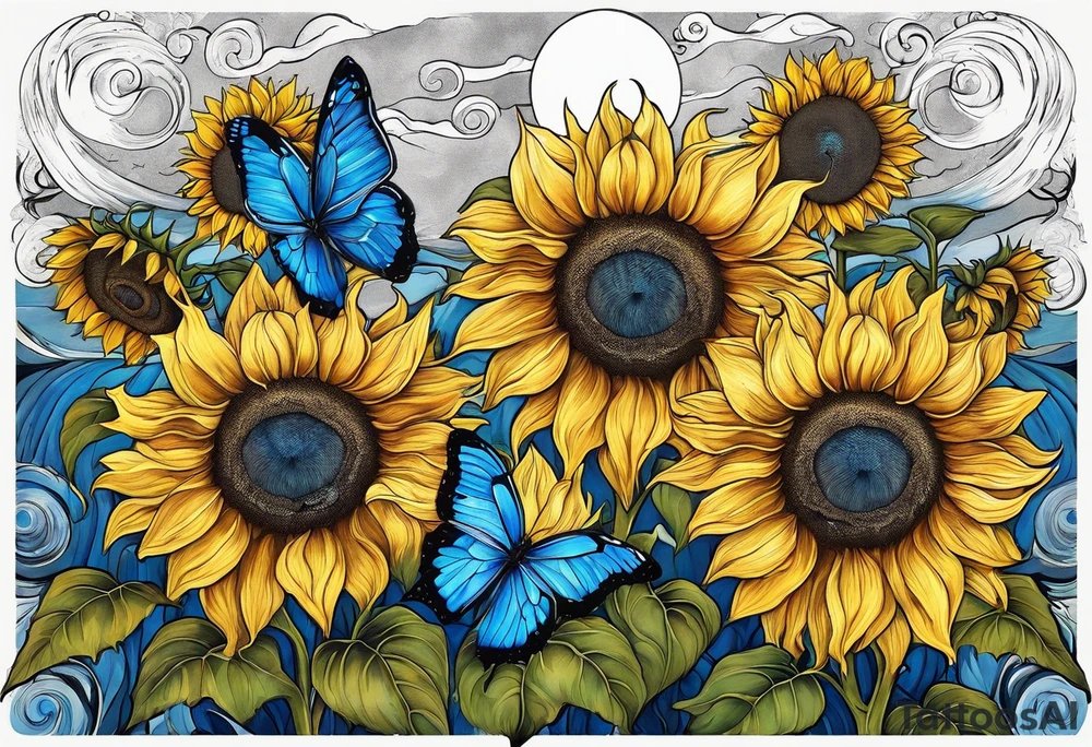 Sunflowers, full moon, blue morpho butterflies, cross tattoo idea