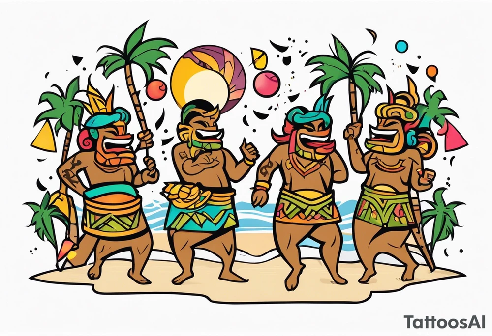 hulu tiki party with dancing tiki guys and sexy tiki girls on a beach with music notes and confetti around a blank space in the middle tattoo idea