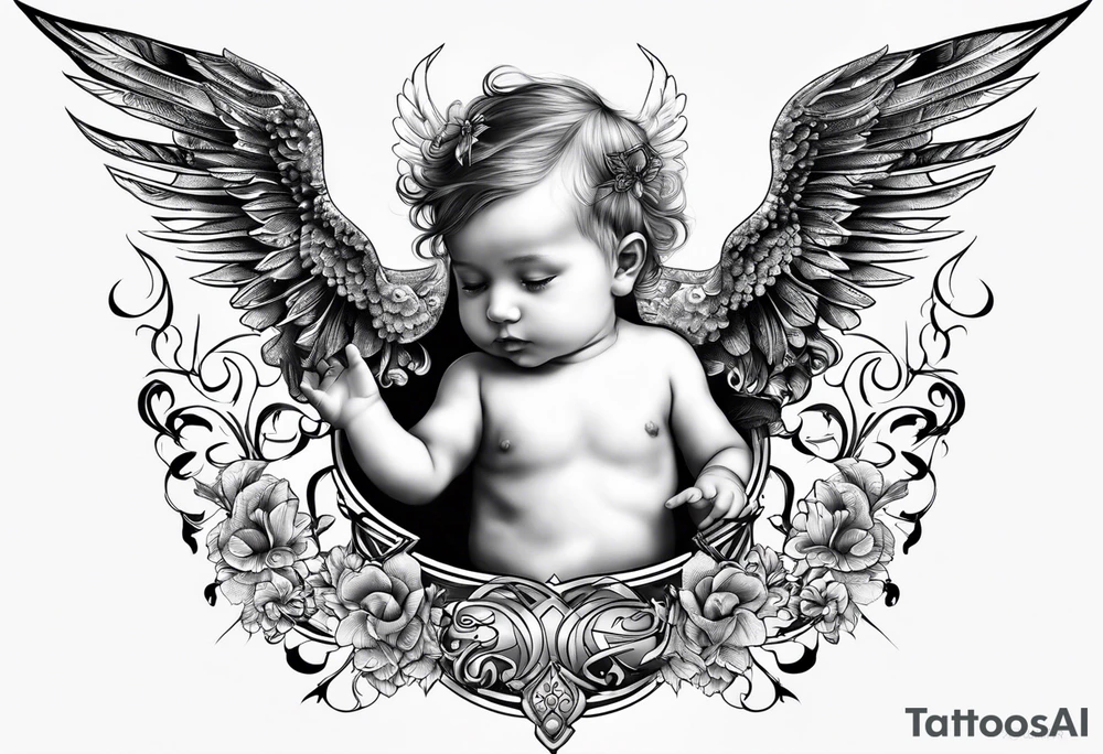 baby with one angel Name Leah written under in gothic letters. tattoo idea
