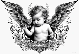 baby with one angel Name Leah written under in gothic letters. tattoo idea