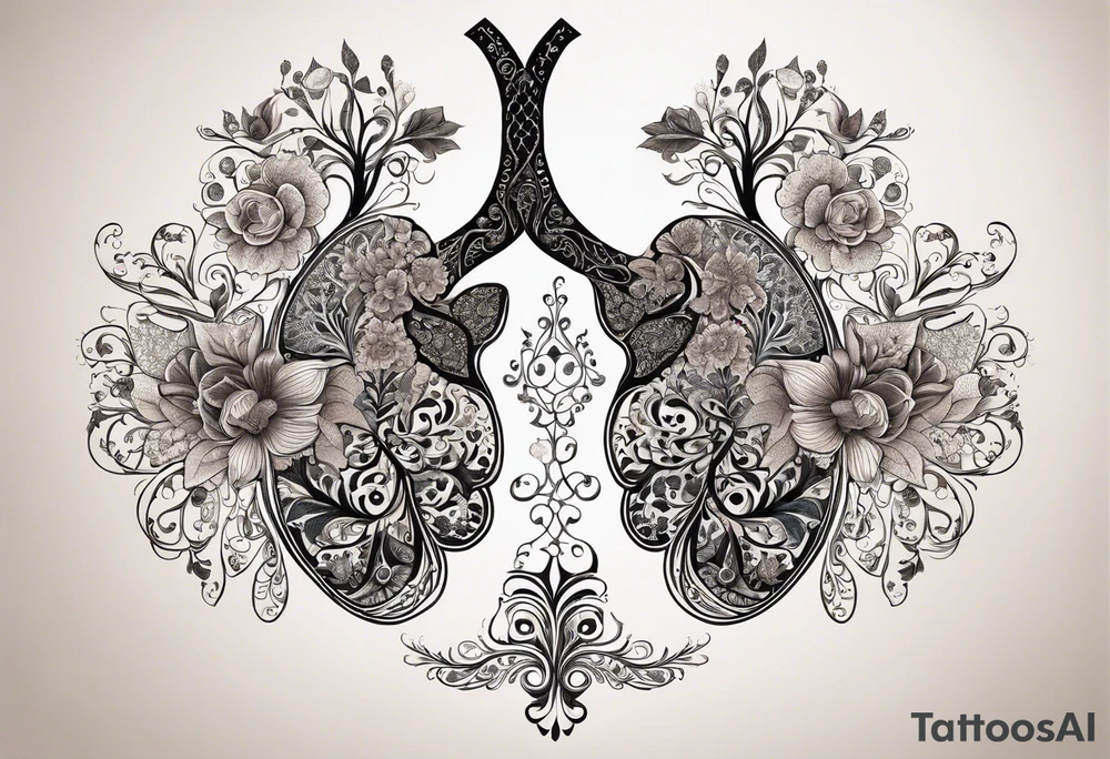 intricate and artistic arrangement of flowers and ornamental patterns that come together to form the shape of human lungs. The design should have a balance of delicacy and detail, with vibrant floral elements seamlessly intertwining to mimic the structure of the lungs, including the bronchi branching into floral motifs. Incorporate subtle shading and depth to give the tattoo a dynamic and organic feel, while maintaining elegance and symmetry, embraced by an octopus and butterflies flying around tattoo idea