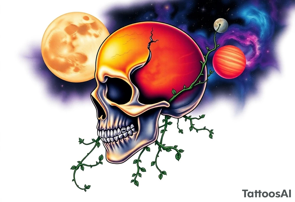 gothic skull as the moon and life as the sun. intertwined with climbing  vines as space dust connecting planets and galaxy in background of skull really bright colors used for the planets and stars shade's of Purple, Blue and black as the backdrop for galaxy tattoo idea