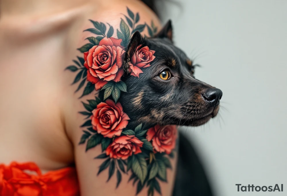Stafford with Flowers – A soft black Stafford with a wreath of realistic red roses and green leaves around its neck, blending toughness with gentleness. tattoo idea