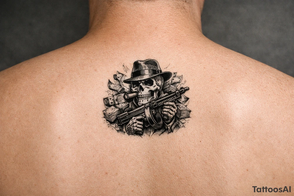 skull with cigar in his mouth,mafia-hat,machine-gun in his hands,surrounded by money. tattoo idea