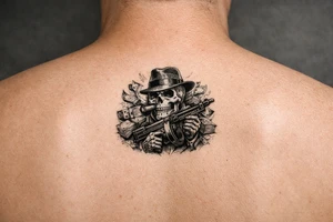 skull with cigar in his mouth,mafia-hat,machine-gun in his hands,surrounded by money. tattoo idea