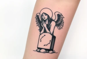 Beautiful woman angel crying on a tombstone tattoo idea