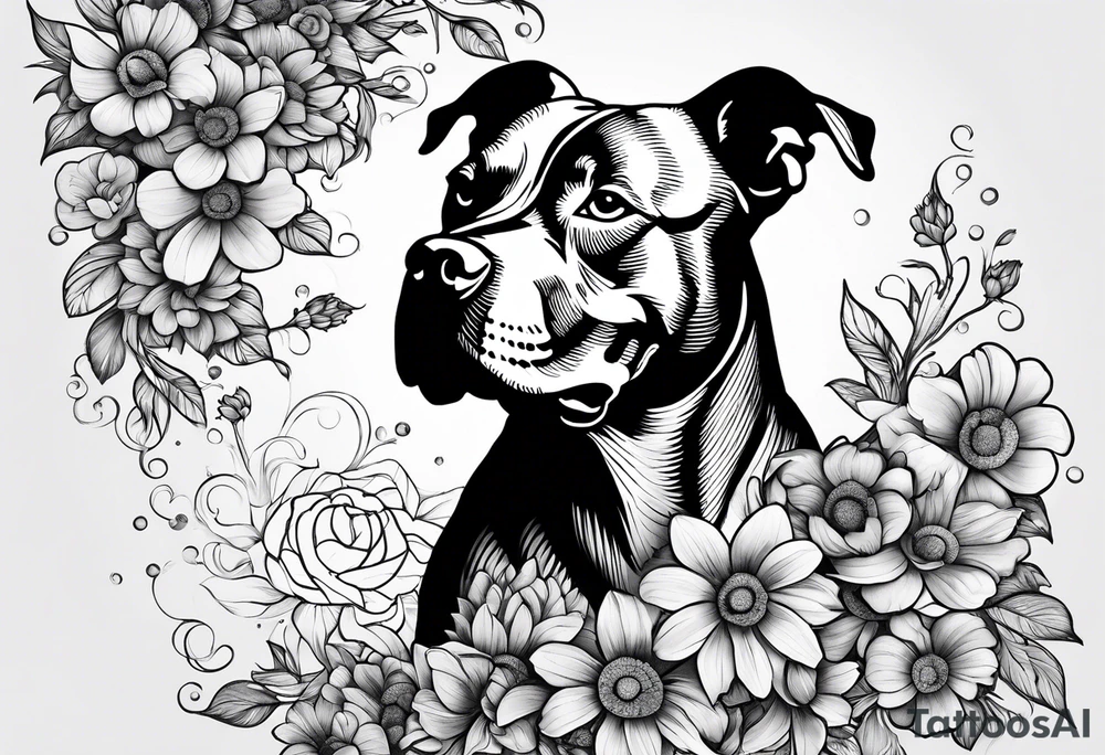 pit bull looking up at you surrounded by lego flowers tattoo idea