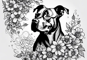 pit bull looking up at you surrounded by lego flowers tattoo idea