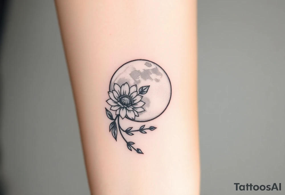 Small black and white tattoo full moon with small chrysanthemum and tiny scorpio gliph inside moon tattoo idea