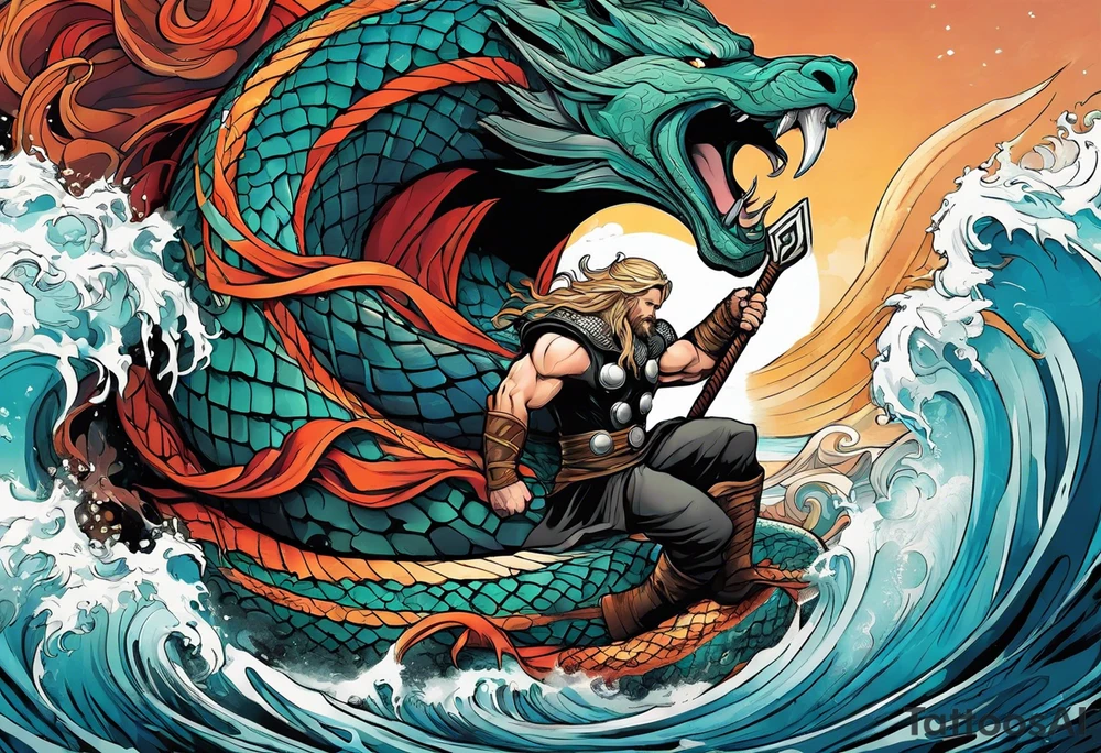 Thor getting eaten by the world serpent in the ocean tattoo idea