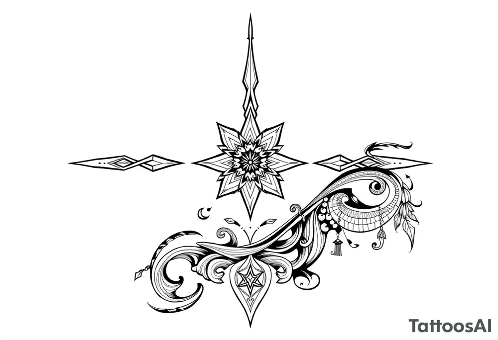long shaman style mytical bold line with rhyme tattoo idea