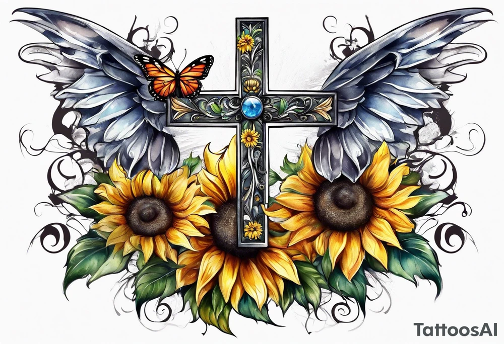 Winged cross with sunflower flowers and butterflies calf sleeve tattoo idea