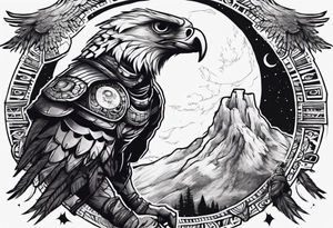 Aztec warrior gazing at the night sky in the moonlight as a harpy eagle flys by dark aesthetic tattoo idea