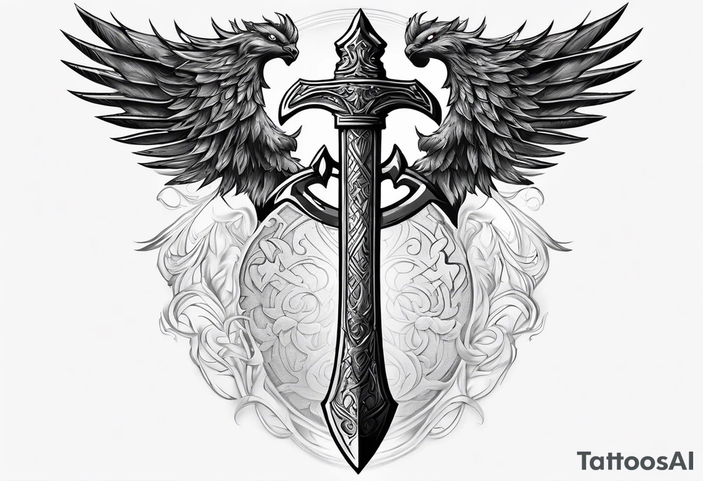 Valhalla sword shield axe mist tattoo idea