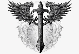 Valhalla sword shield axe mist tattoo idea