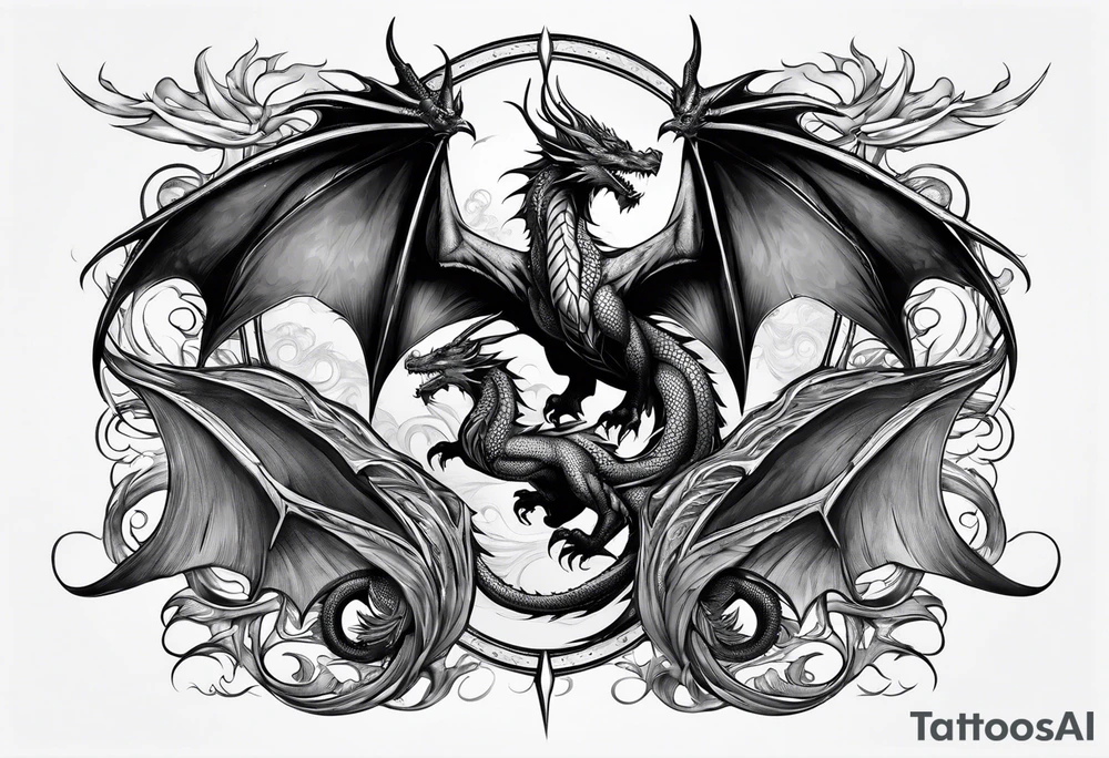 Family of five dragons with wings spread tattoo idea