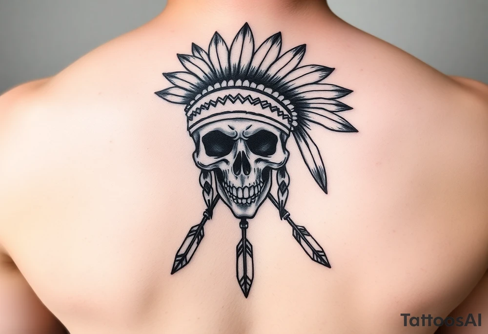 Native American skull with head dress and arrows below tattoo idea