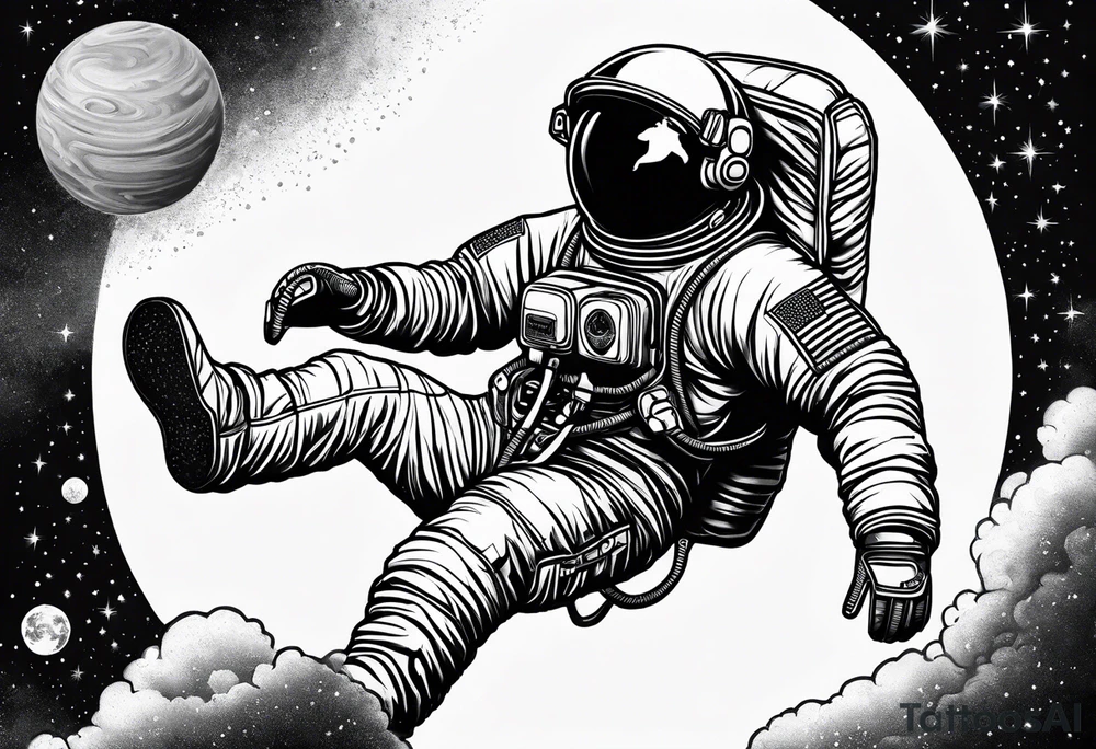 An astronaut floating in a jumping man pose with 1990's air jordan shoes on his feet tattoo idea