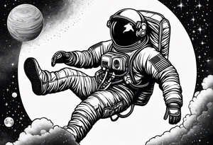 An astronaut floating in a jumping man pose with 1990's air jordan shoes on his feet tattoo idea