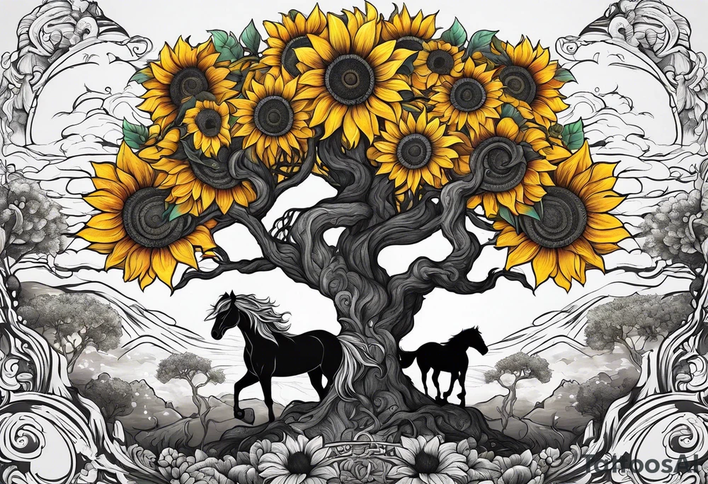 Yggdrasil tree, horse in front of it, and sunflowers tattoo idea