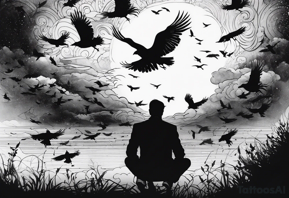 Silhouette of a man on his hands and knees bent over with crows coming out his back flying away. tattoo idea