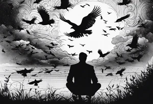 Silhouette of a man on his hands and knees bent over with crows coming out his back flying away. tattoo idea