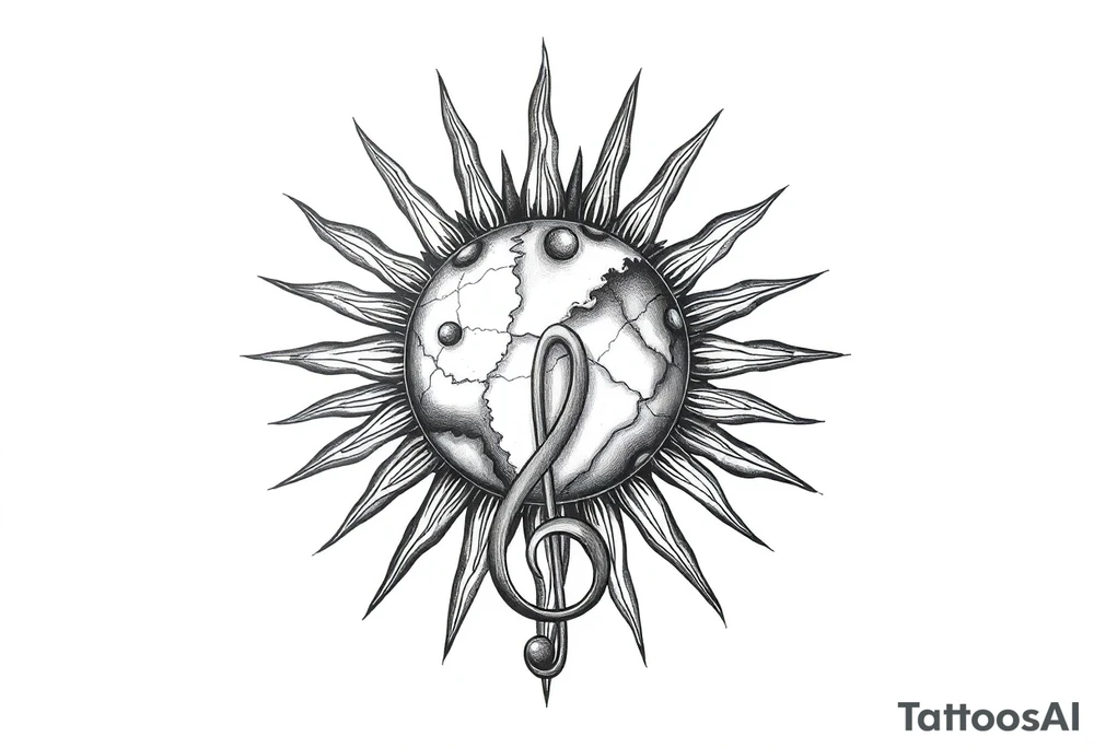 sun system of the universe with earth and a clef for my love to music, tattoo idea