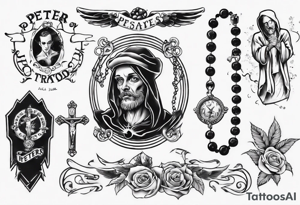 men’s arm sleeve, rosary, the name Peters, jack of all trades tattoo idea