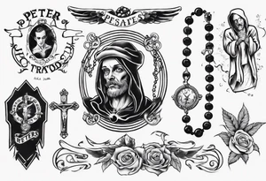 men’s arm sleeve, rosary, the name Peters, jack of all trades tattoo idea