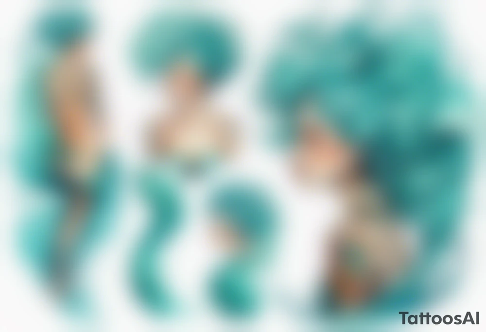 a tall woman made of water with turquoise hair sitting upon a wave tattoo idea