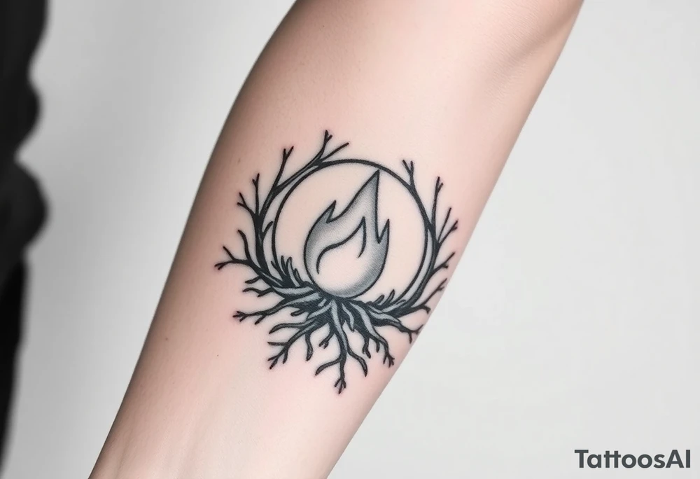 a round flame imprisoned in a roots circle tattoo idea