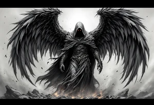 A towering Angel of Death with massive black wings, glowing red eyes, and a tattered hooded cloak, standing in a storm of ashes. tattoo idea