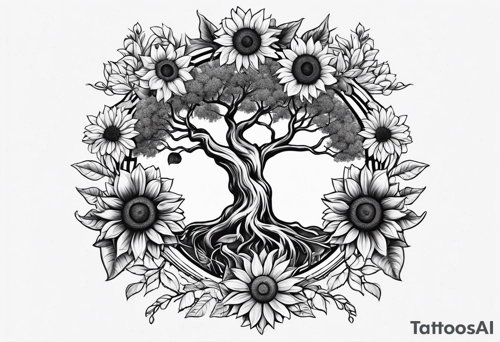 Feminine Yggdrasil tree and sunflowers tattoo idea