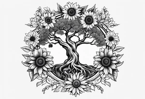 Feminine Yggdrasil tree and sunflowers tattoo idea